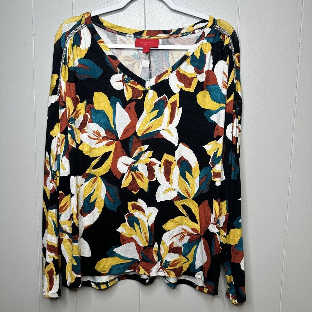 Jennifer Lopez JLO Womens Size XL FLoral Long Sleeve Blouse V Neck Rhinestone